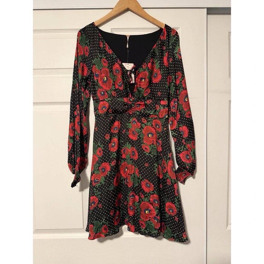 Free People Black Red Floral Mini Dress Balloon Sleeve Peasant Fairy Western